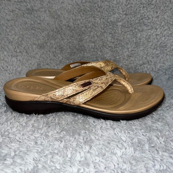 Crocs Sanrah Liquid Metallic Wedge Sandals Womens Size 9 Gold Snake Print 205478 - Picture 8 of 13
